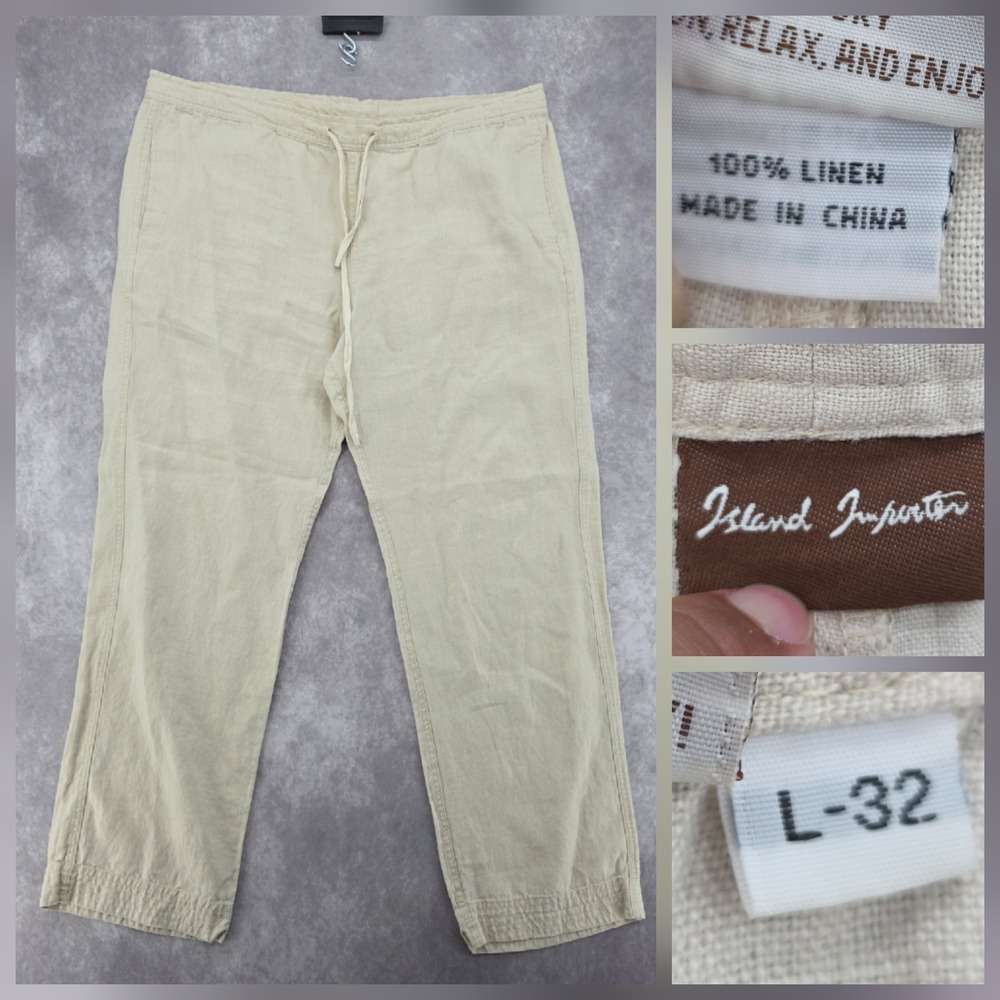Island Importer Men's Linen Drawstring Pants Size L-32 Beige Casual Beach Summer